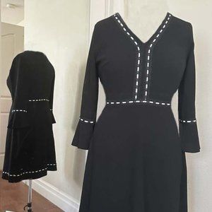 Karl Lagerfeld black dress with white trim, V-neck bell sleeve dress size 12
